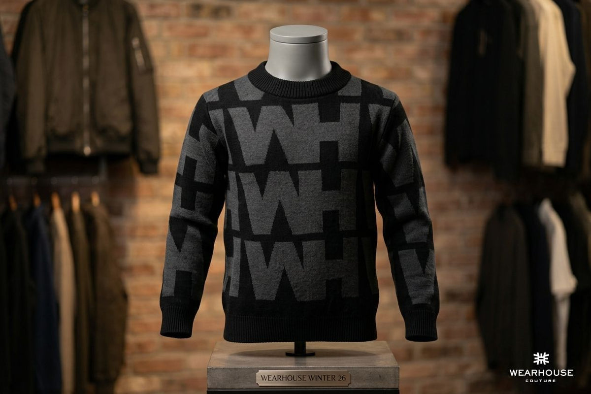 Wearhouse Monogram Knit Sweater - Black and Charcoal Grey